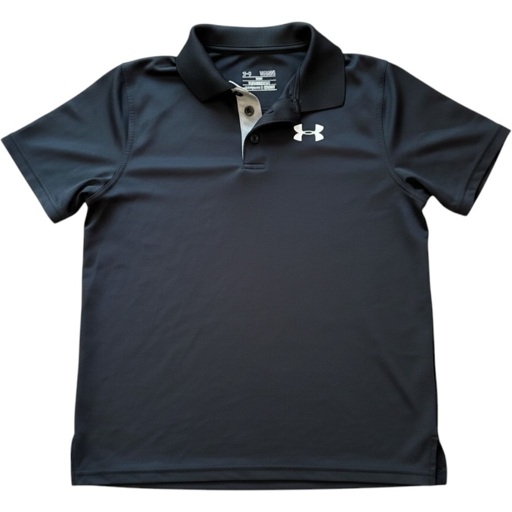 Under Armour Polo Shirt Kids Large Black HeatGear Short Sleeve Loose Fit
